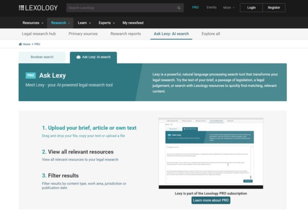 Interface showing Lexology's AI search