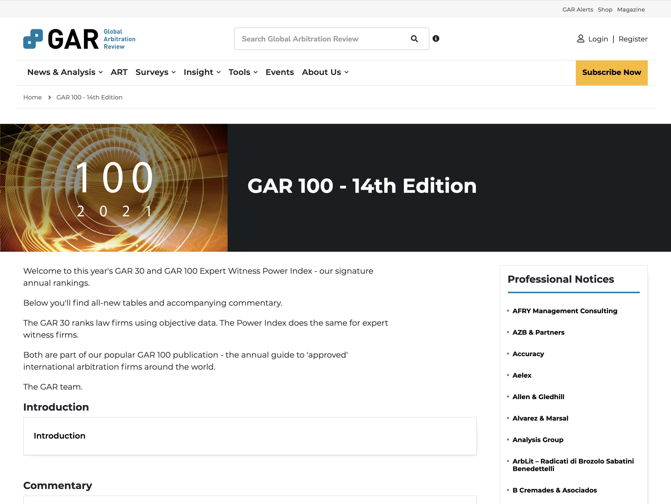 Interface showing the GAR 100 listing