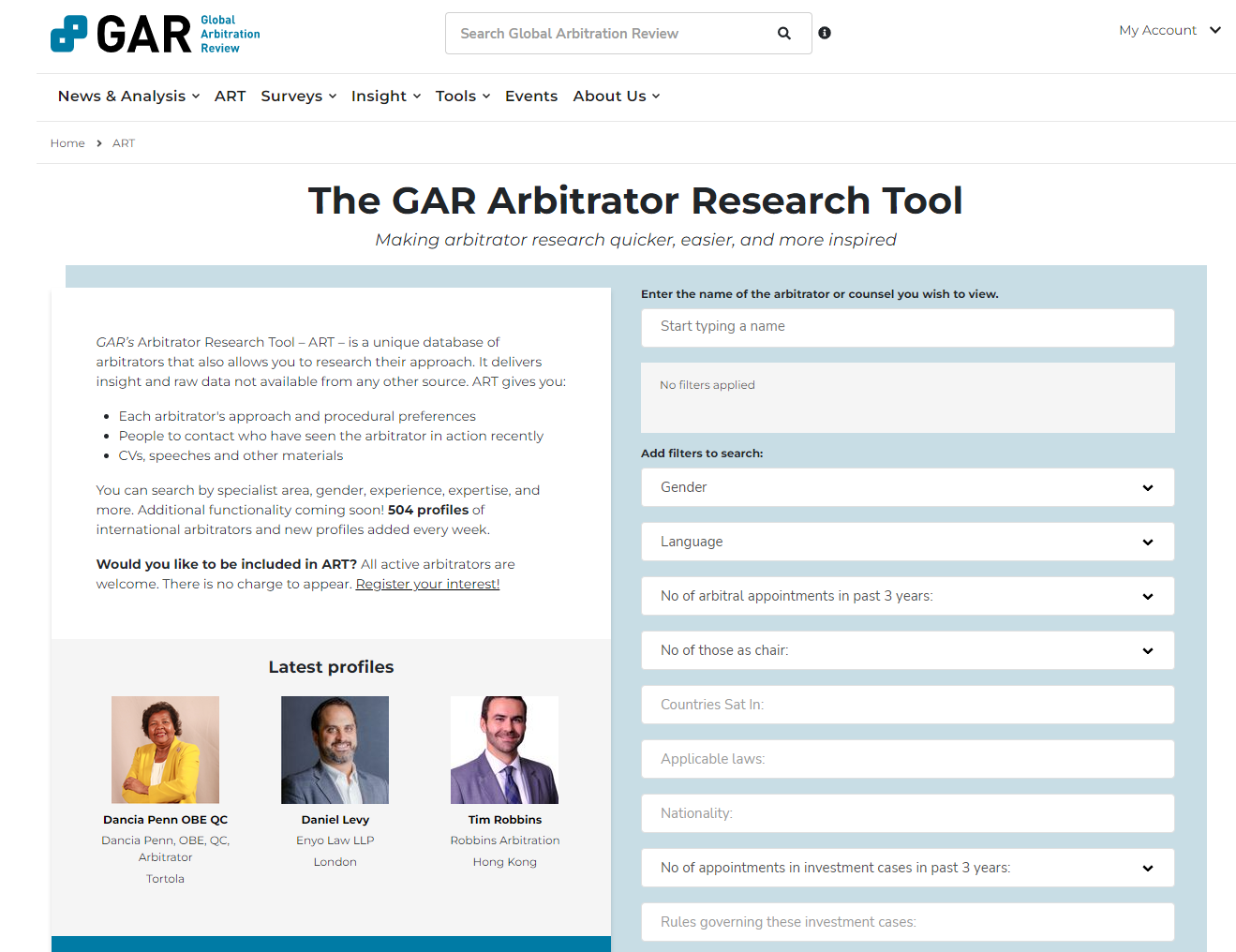 Interface showing GAR's Arbitrator Research Tool