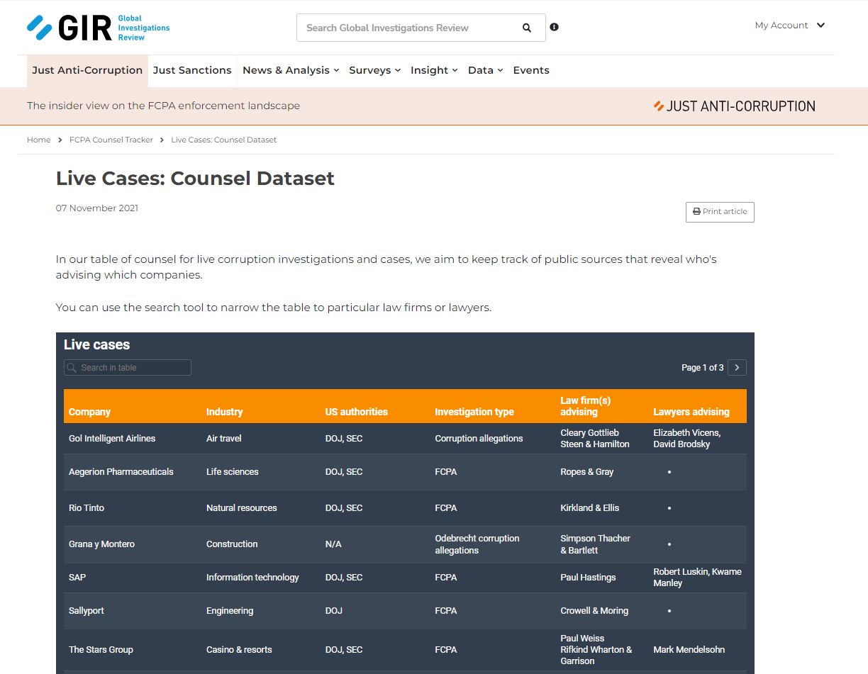 Interface showing data available on GIR