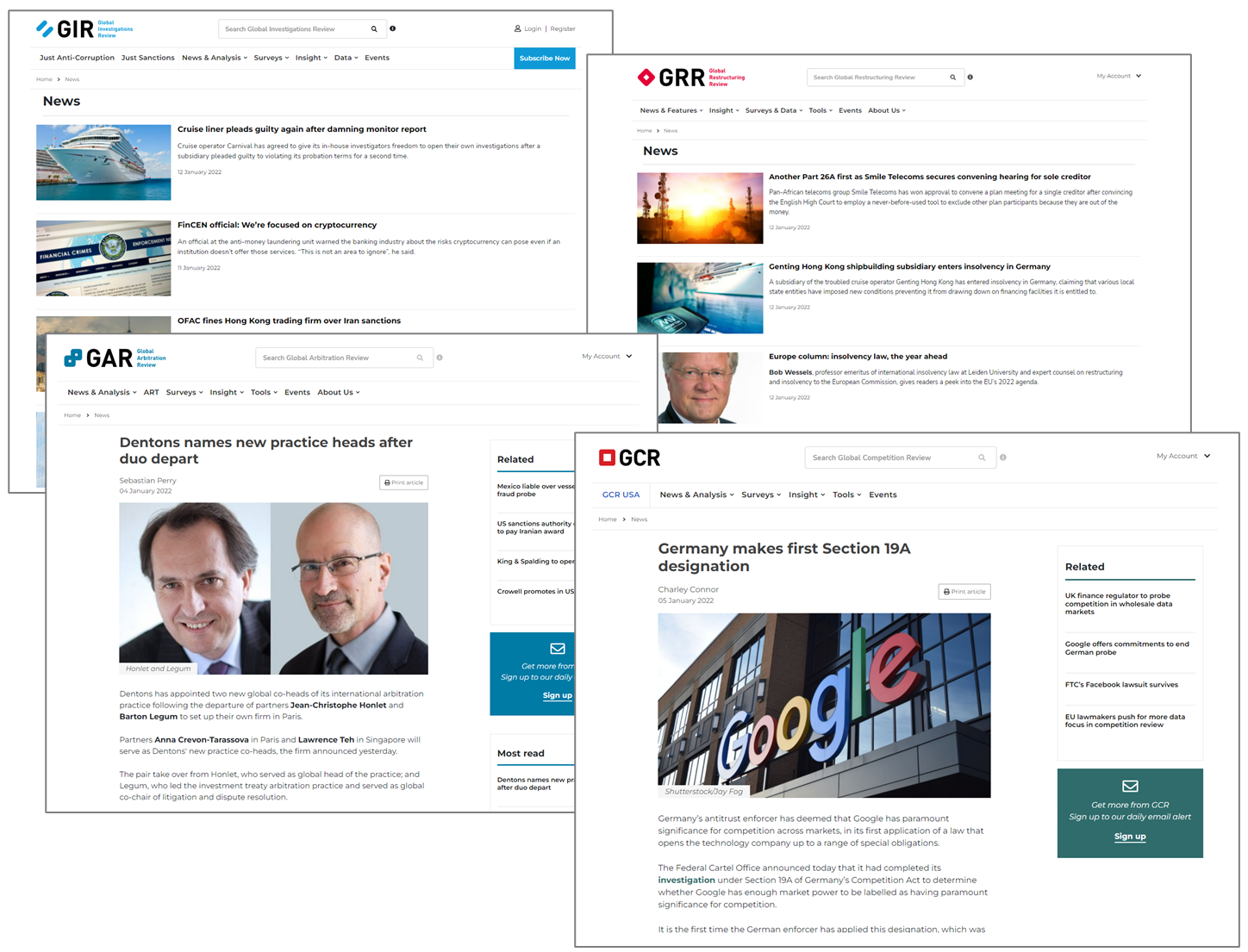 Multiple interfaces showing news and analysis content