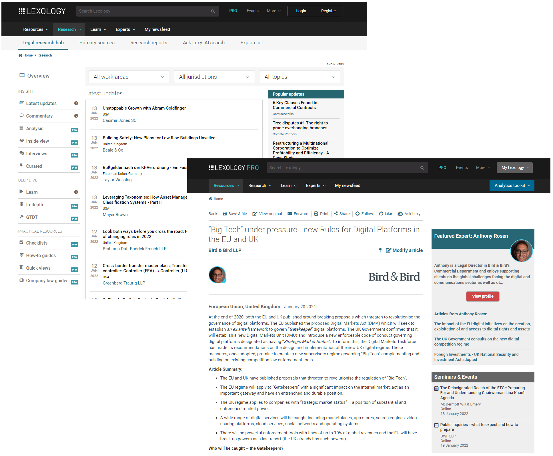 Multiple interfaces showing legal updates on Lexology