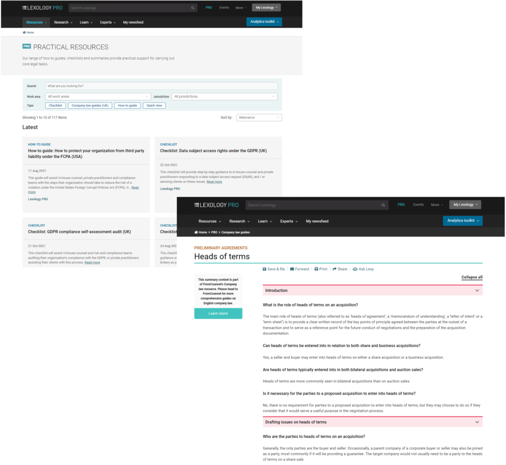 Multiple images showing practical resources on Lexology