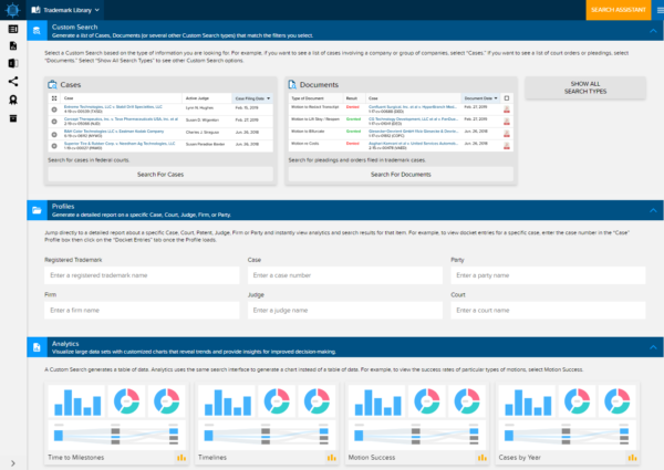 Interface showing Docket Navigator's trademark library