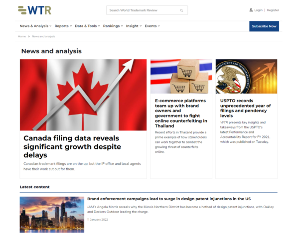 Interface showing news articles on WTR