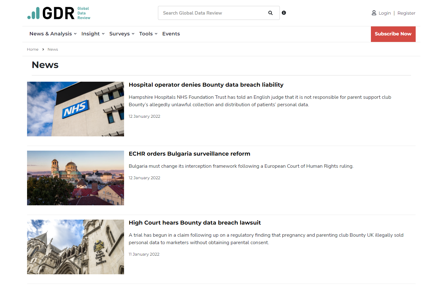 Interface showing news articles on GDR