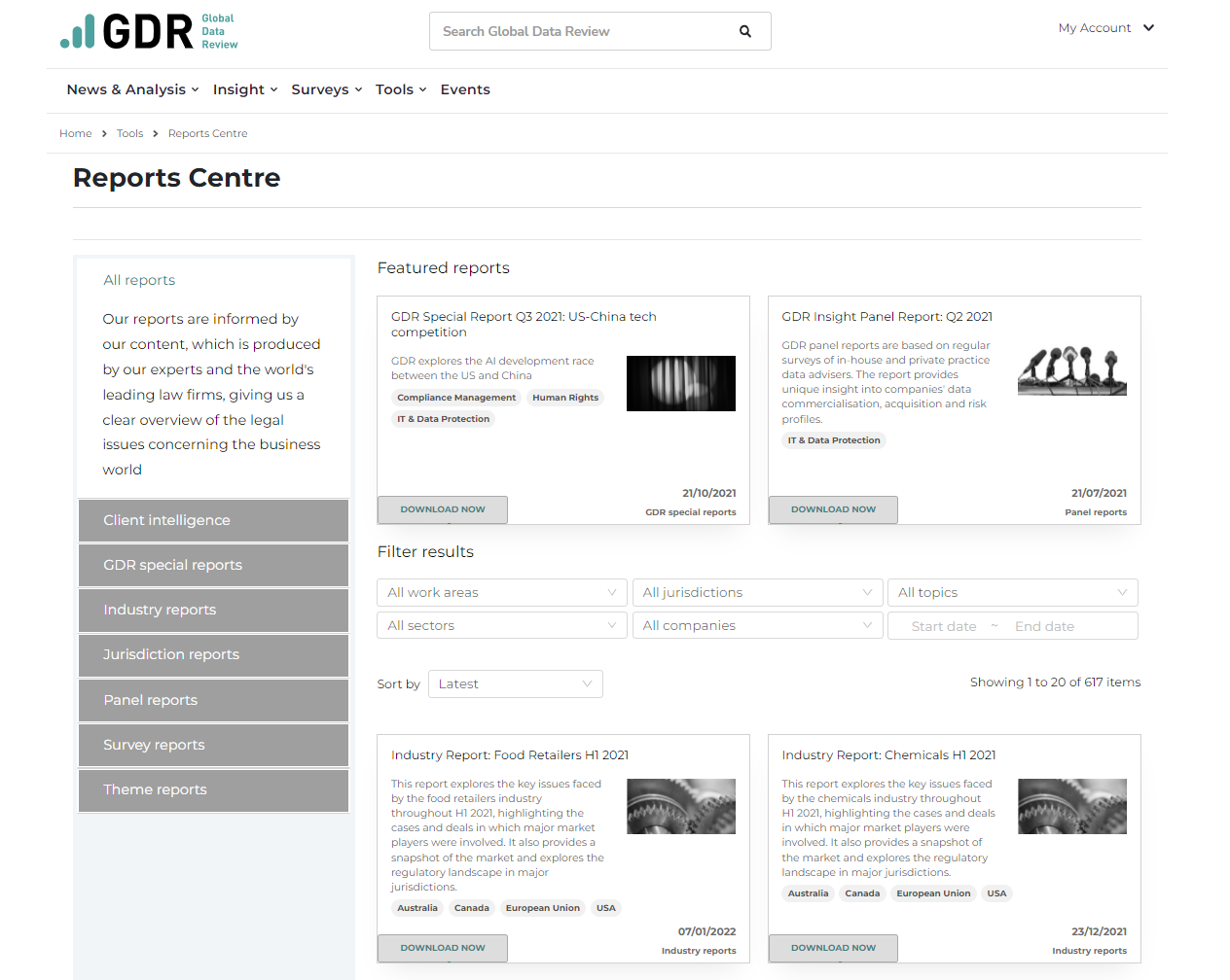 Interface showing the Reports Centre on GDR
